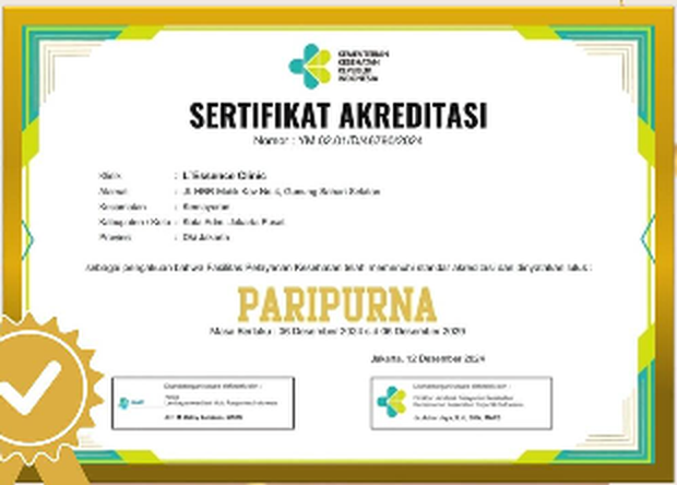Sertifikat Akreditasi Paripurna L'ESSENCE Clinic dari Kementerian Kesehatan RI